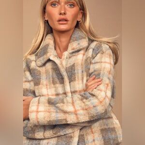 Lulu's Cozy Plaid Teddy Jacket in Cream and Blue